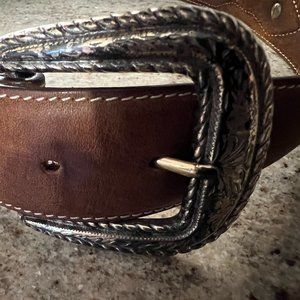 Men's western belt, brown hand-tooled leather, rawhide &  conchos, size 36